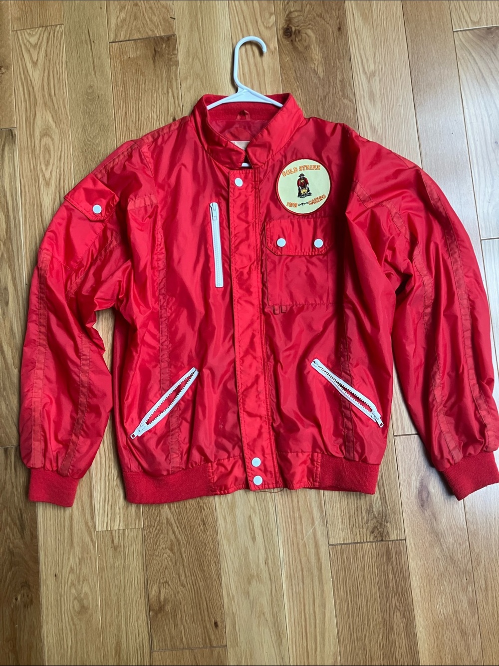 Vintage Red Bomber Jacket with Gold Strike Inn and Casino Patch